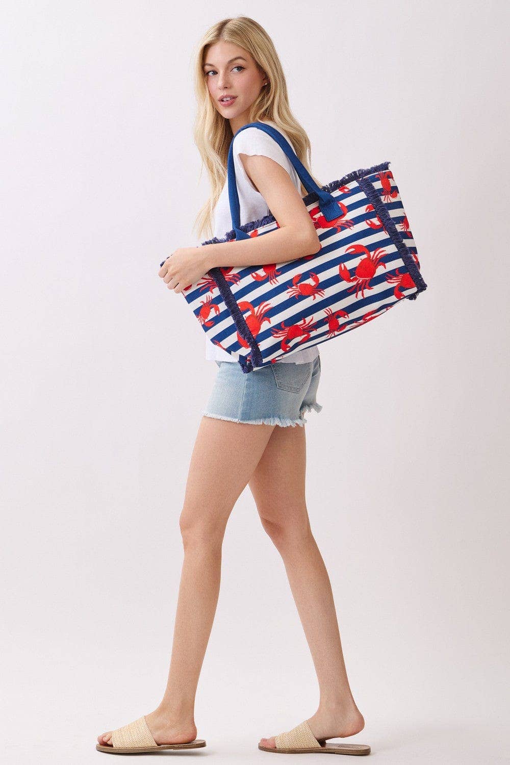 Crab Stripe Fringe Beach Tote Bag