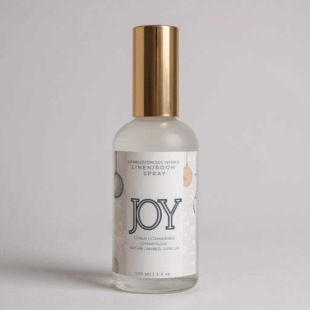Linen/room spray bottle labeled 'JOY' on a light gray background made in Charleston