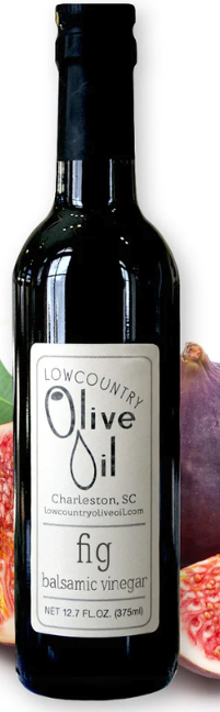 Locally made in Charleston, SC. A bottle of Lowcountry Olive Oil's fig Balsamic Vinegar. 