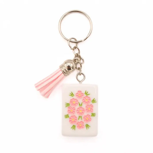 Mahjong Tile Keychain Pink Flowers