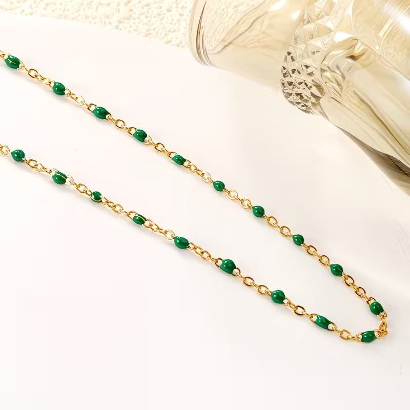 Stainless Steel Green Bead Embellished Necklace