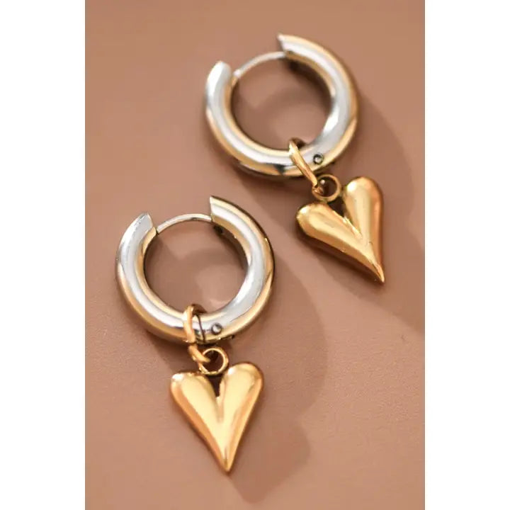 18k Gold Plated Waterproof Stainless Steel Heart Two-Tone Drop Earrings