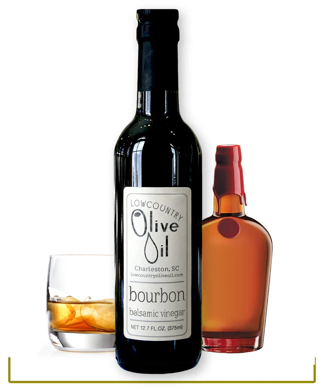 Locally made in Charleston, SC. A bottle of Lowcountry Olive Oil's bourbon Balsamic Vinegar. 