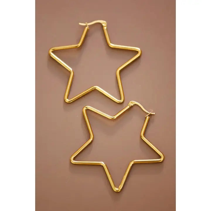 18k Gold Plated Waterproof Stainless Steel Hoop Earrings ~ Star