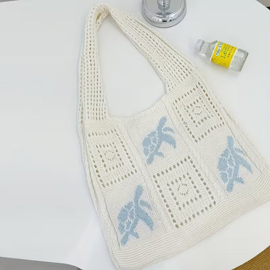 Knitted Tote Bag With Hollow Out Crochet Shoulder Bag Turtles