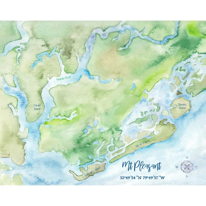 Mt Pleasant SC Hand-Painted Watercolor Map Art Print Note Card with Envelope