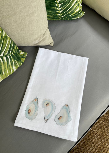 Charleston oyster design tea towel – handmade coastal kitchen gift.