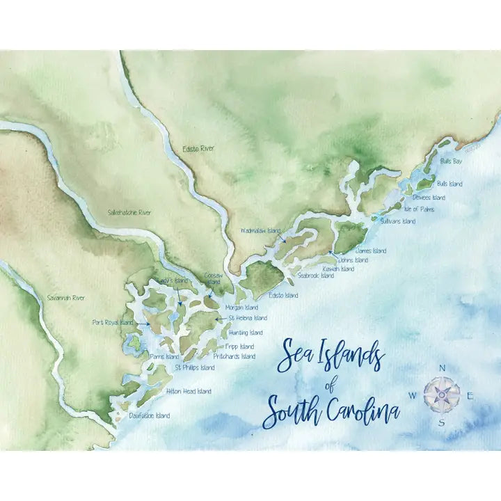 Sea Islands SC Hand-Painted Watercolor Map - Art Print Note Card with Envelop