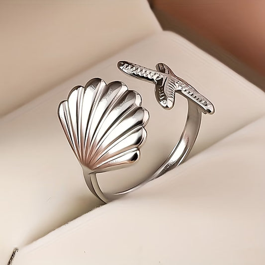 Silver Shell & Starfish Adjustable Ring