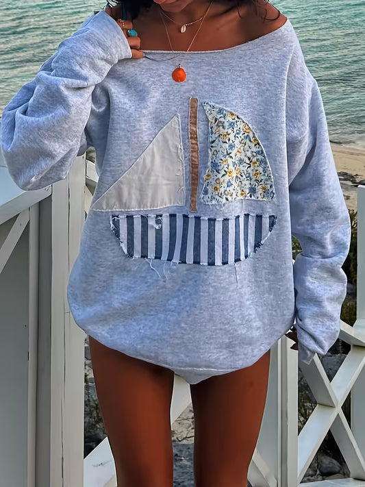 Off-the-Shoulder Sailboat Lightweight Sweatshirt