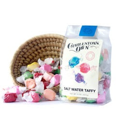 A packaged salt water taffy with assorted flavors 'Charleston's Own Salt Water Taffy' Locally made in Charleston 