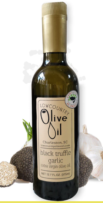 Locally made in Charleston, SC. Lowcountry Olive Oil's black truffle garlic  extra virgin olive oil . 